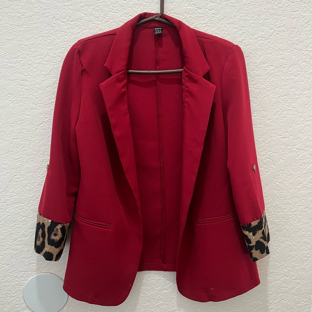 SHEIN Bold Red Blazer with Leopard Print Details